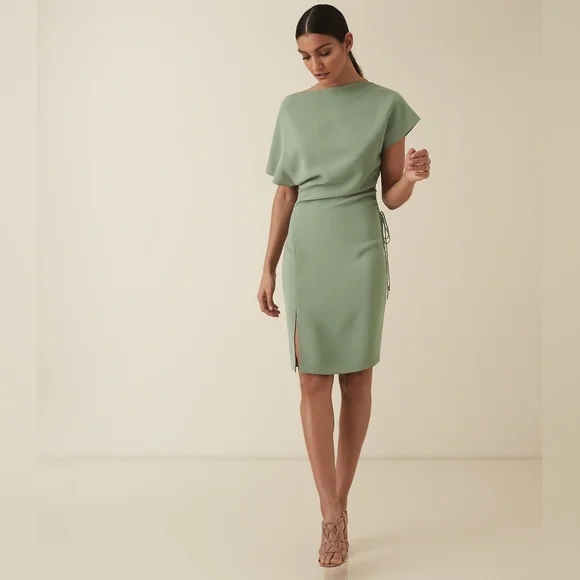 NWT REISS MARCIA CINCH WAIST DRESS PALE SAGE GREEN US 4 / UK 8